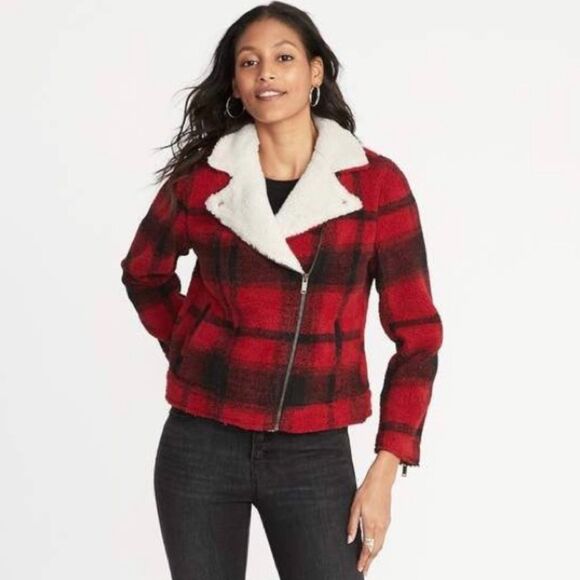Old Navy Sherpa Collar Buffalo Plaid Moto Jacket - Picture 1 of 11